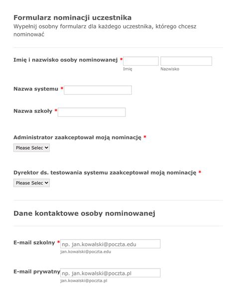 Formularz Nominacji Uczestnika Szablon Formularza Jotform