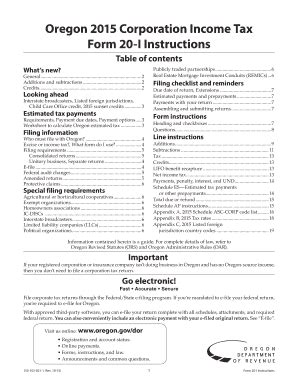 Fillable Online 2015 Form 20 I Instructions Oregon Corporation Income