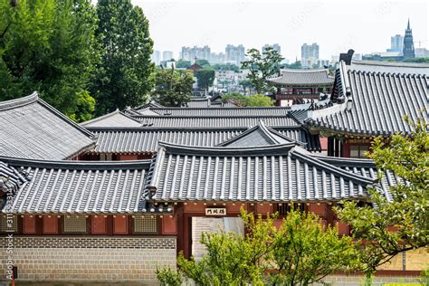 Aerial View Of Hwaseong Haenggung Palace With Black Tiled Rooftops The