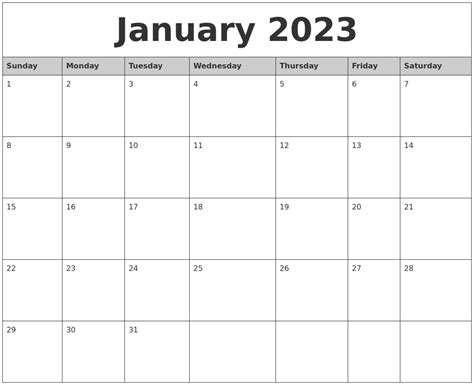 January 2023 Monthly Calendar Printable