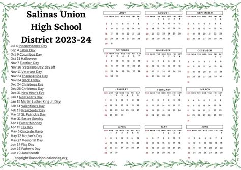 Salinas Union High School District Calendar with Holidays 2023-24