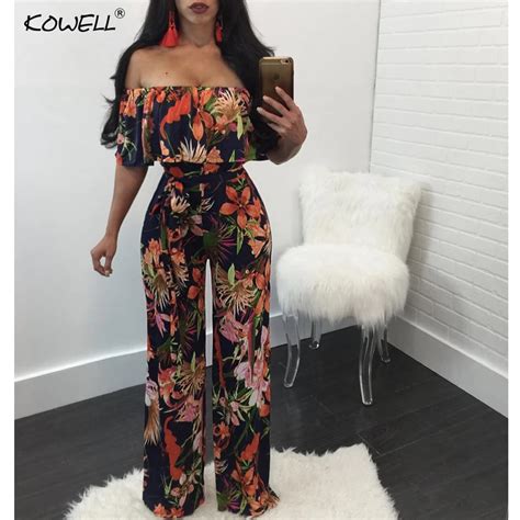 Kowell Bohemian Palm Print Lace Up Jumpsuitsandrompers Off Shoulder Plus