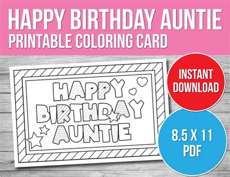 Happy Birthday Aunt Coloring Card Printable Birthday Card Etsy