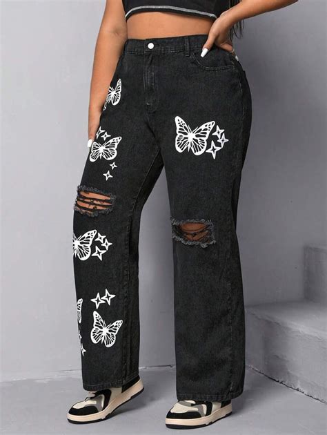 Plus Butterfly Print Ripped Straight Leg Jeans Shein Usa