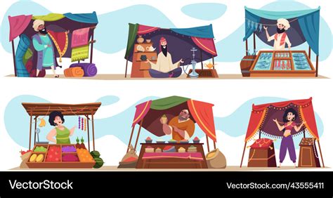 Asian Market Characters Cartoon Selling Different Vector Image