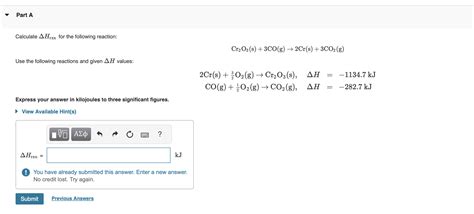 Solved Calculate Hrxn For The Following Reaction Cr O Chegg