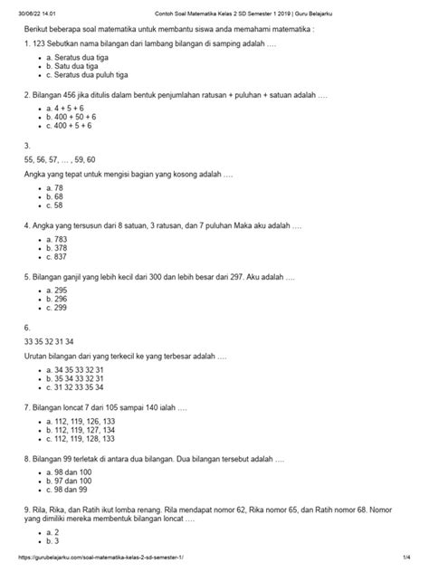 Contoh Soal Matematika Kelas 2 Sd Semester 1 2019 Guru Belajarku Pdf