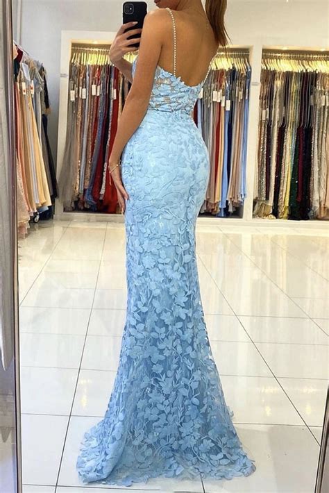 Mermaid V Neck Backless Blue Lace Long Prom Dress Mermaid Blue Lace F