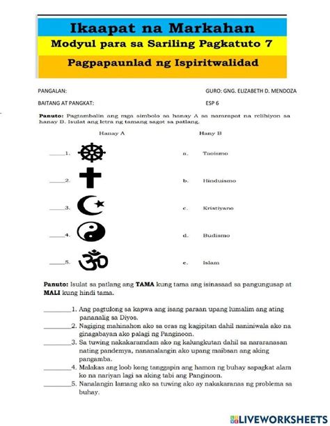 Esp Modyul 7 Pagpapaunlad Ng Ispiritwalidad Worksheet