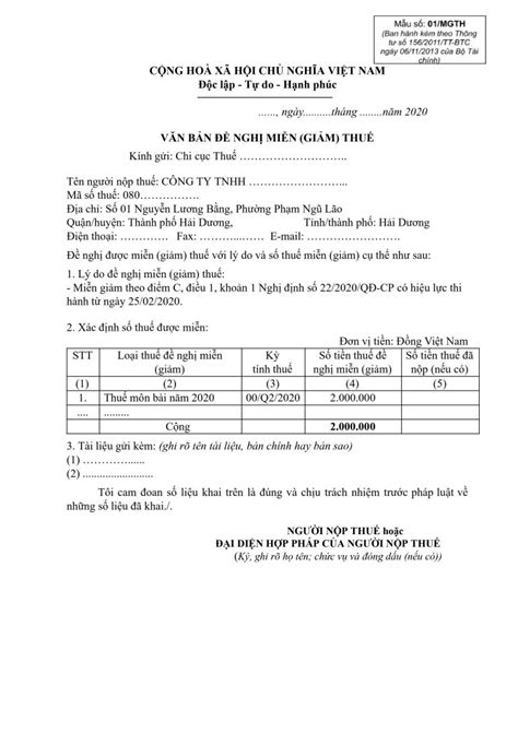 Hướng dẫn lập hồ sơ miễn thuế môn bài năm 2020 theo Nghị Định 22 2020