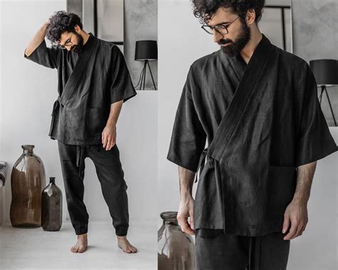 Black Men S Kimono Robe Loungewear Jacket Japanese Kimono Men Mens Linen Shirt Plus Size