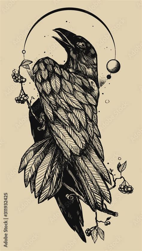 Download Hand drawn illustration with a Raven or Crow. Tattoo stencil ...