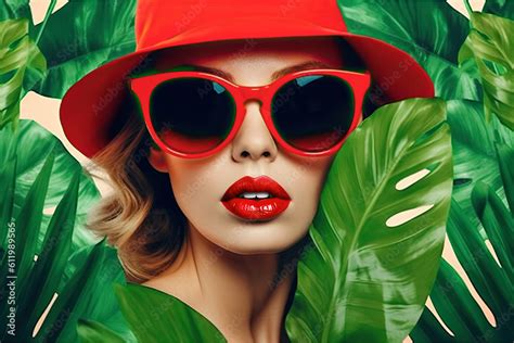 Fashion Woman Wearing Red Accessories Summer Poster Background With Green Tropical Plants