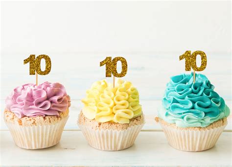 10th Birthday Cupcake Toppers Glitter Party Cupcake Picks Etsy