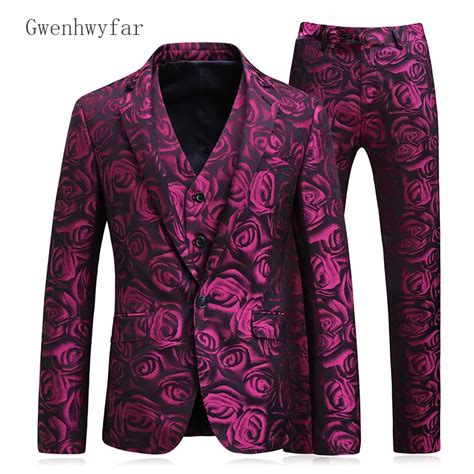 Gwenhwyfar Men Stylish Purple Floral Print Wedding Suit Prom Mens Suits