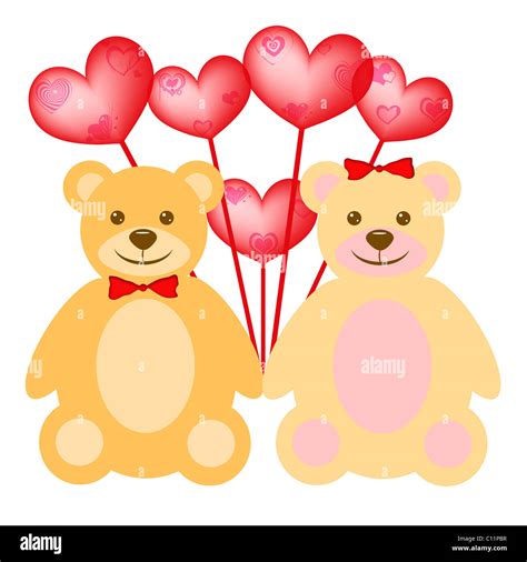 Valentine's Day Teddy Bear Couple with Red Heart Shaped Balloons Stock ...