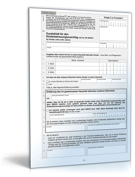 Zusatzblatt für den Kinderbetreuungszuschlag Formular zum Download