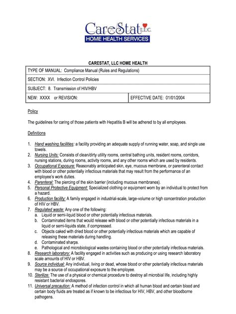 Fillable Online Section Xvi Infection Control Policies Carestat