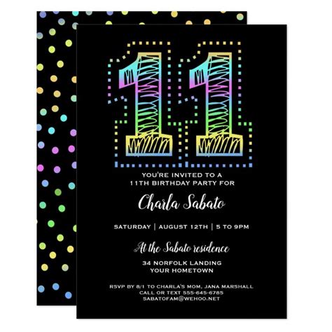 Cool On Black Fun 11th Birthday Party Invitation Au