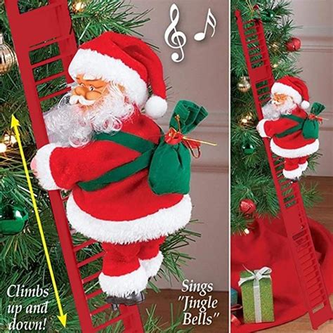 Two Pictures Of Santa Claus Climbing A Ladder Next To A Christmas Tree