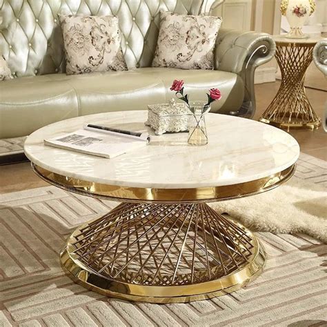 Coffee Table Luxury Round Center Marble Stainless Steel Living Room Ta