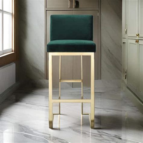 Benjara In Green And Gold Low Back Metal Frame Bar Stool With