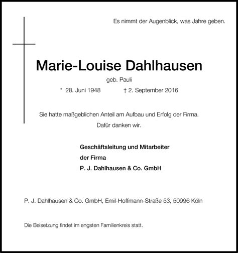 Traueranzeigen Von Marie Louise Dahlhausen WirTrauern