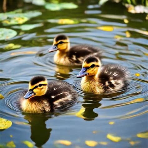 Three Ducks Are Swimming In A Pond With Leaves On The Water Premium