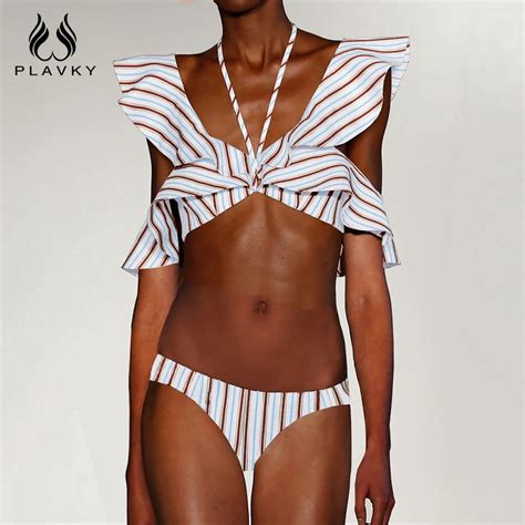 Plavky 2019 Sexy V Neck Halter Striped Ruffled Off Shoulder Swim