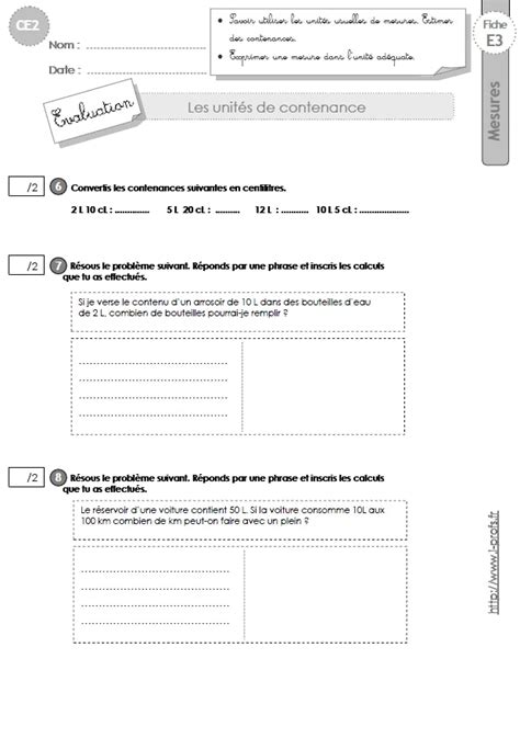 Ce Mesures Et Grandeurs Evaluation Mesurer Des Contenances