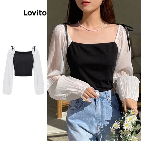 Lovito Women Casual Plain Bow Colorblock Blouse L Ed Black And