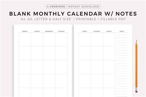 Blank Monthly Calendar with Notes, 2 Page Printable Calendar Template ...