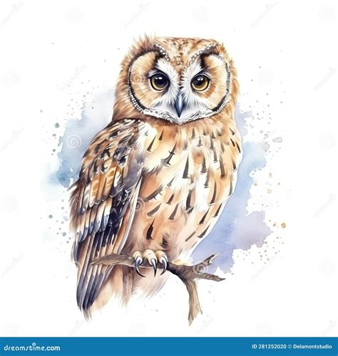 Birdtawnyowlwatercolorrealisticonwhite5 Stock Illustration