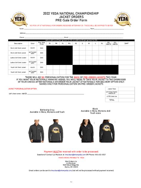 Fillable Online Yeda National Championship Jacket Orders Fax Email