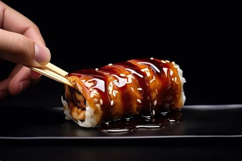 Premium Photo Side View Roll With Soy Sauce And Chopstick In Hand