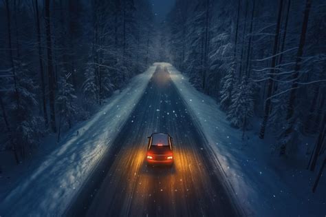 Premium AI Image | Aerial Night View of Car on Winter Forest Road Headlights On