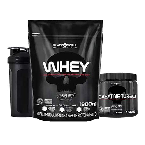 Kit Whey Creatina Coqueteleira Black Skull Suplementos Submarino