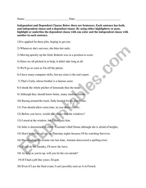 Independent And Dependent Clauses Worksheet Pro Worksheet