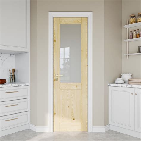 JUJUBON Pine Wood Slab Door, Half Frosted Glass Interior Doors, Single