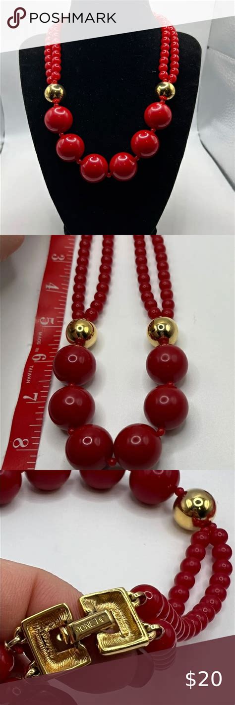 Vintage Monet Cherry Red And Gold Beaded Necklace 8 12” Gold Bead Necklace Beaded Necklace