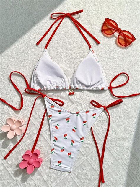 Shein Swim Women Summer Beach Cherry Print Halter Neck Bikini Set For