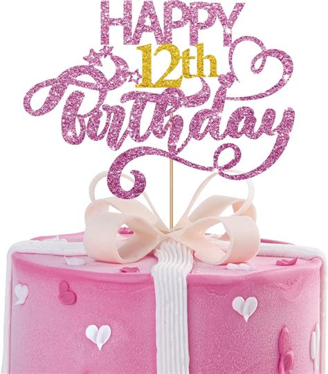 Amazon.com: Pink Glitter Happy 12th Birthday Cake Topper, Twelve Years ...