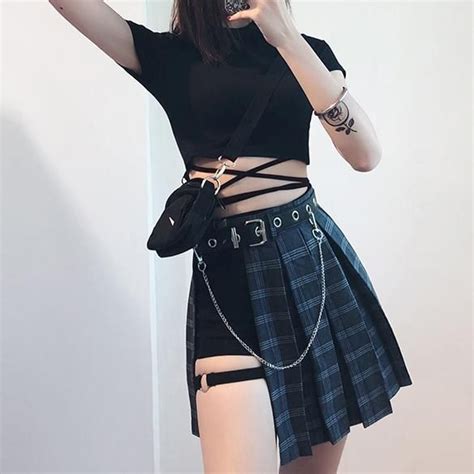 K Pop Punk Plaid Skirt Black Short Belt Sd Ropa Moda Ropa De Moda