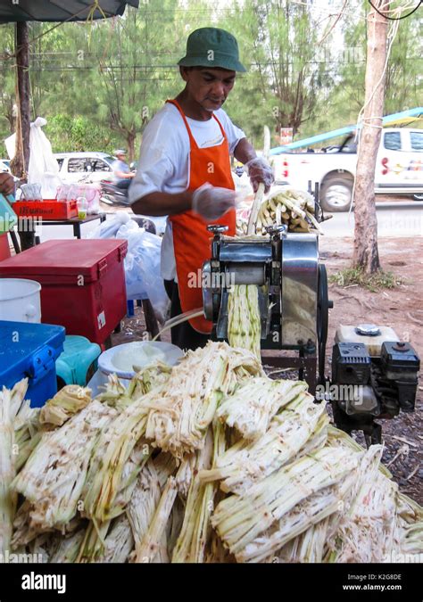 Sugar Cane Juice Vendor Pressing Sugar Cane Bang Tao Market Phuket