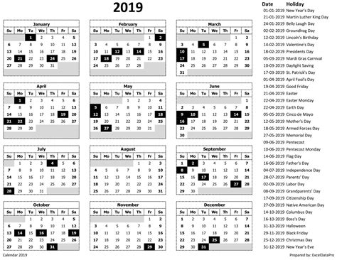 2019 Calendar Excel Templates Printable Pdfs And Images Exceldatapro