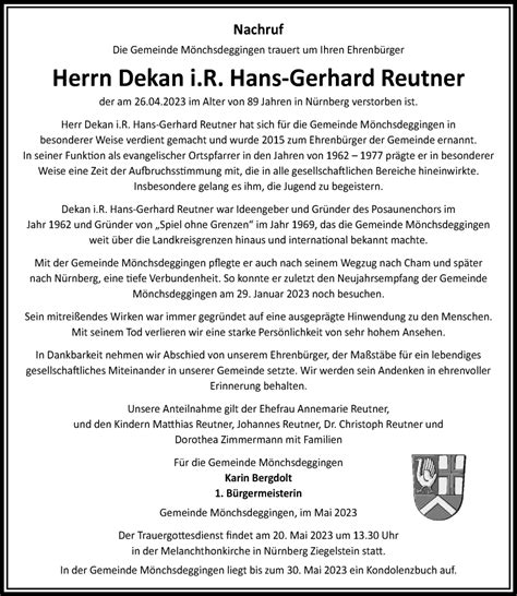 Traueranzeigen Von Hans Gerhard Reutner Augsburger Allgemeine Zeitung