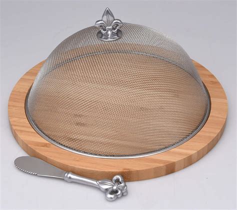 Fleur De Lis Aluminum Serveware Wood Cheese Board Mesh Dome With