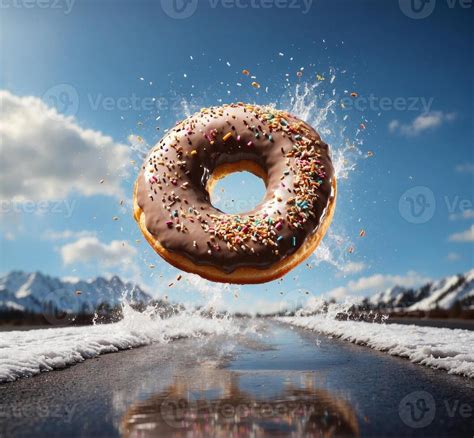 AI Generated Flying Donut With Sprinkles On Asphalt Road Mixed Media