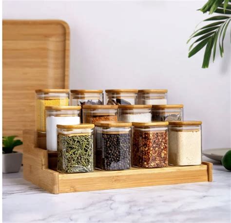 Square Bamboo Lid Glass Spice Jar Set Etsy