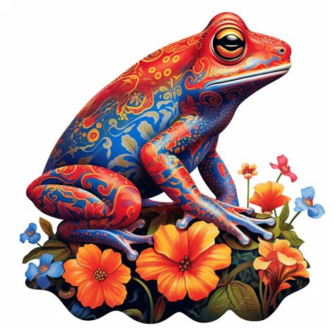 Premium Ai Image Brightly Colored Frog Sitting On A Rock With Flowers